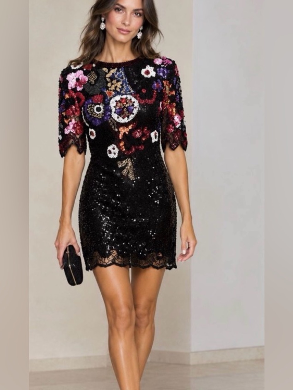 Niteline Beaded Floral Mini Dress in Black Size 6